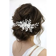 Edary Silver Flower Kāzu matu ķemme Pearl Bridal Side Comb Crystal Hairpiece Lapu matu aksesuāri sievietēm un meitenēm