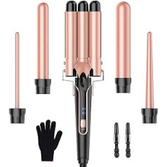 Bestope Pro komplekts Wave Iron - Lokšķēres 3 mucas lielām bez cirtām Keramikas ruļļi Dažādi pielikumi Temperatūras iestatīšana Ātri sildošs cimds 2 klipsi Rose Gold 5 in 1