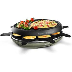 Tefal RE320 Raclette 8 personas, 1050 W — trīs in-1 raklete, grils un kreps, 8 pannas, nepiedegošs pārklājums, mazgājams trauku mazgājamā mašīnā, ballīšu grils