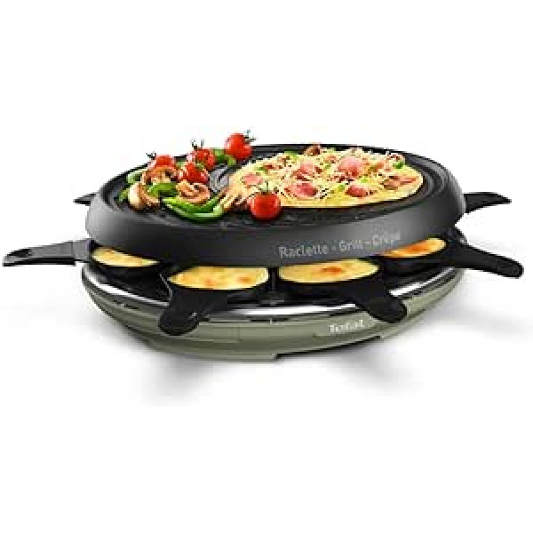 Tefal RE320 Raclette 8 personas, 1050 W — trīs in-1 raklete, grils un kreps, 8 pannas, nepiedegošs pārklājums, mazgājams trauku mazgājamā mašīnā, ballīšu grils