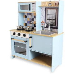 DEQUBE - Wooden kitchen 2 modules modern design - toy kitchen with lights and sounds - includes metal accessories for the set - size 72 x 30 x 85 cm - blue (913D00013)