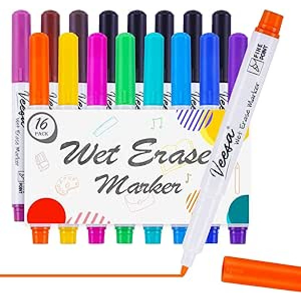 VEESA Marekrs Wet Erase Marker mit feiner Spitze, 16 Stück (12 Farben), 0,7 mm, wischfreie Marker für Schule, Büro, Zuhause