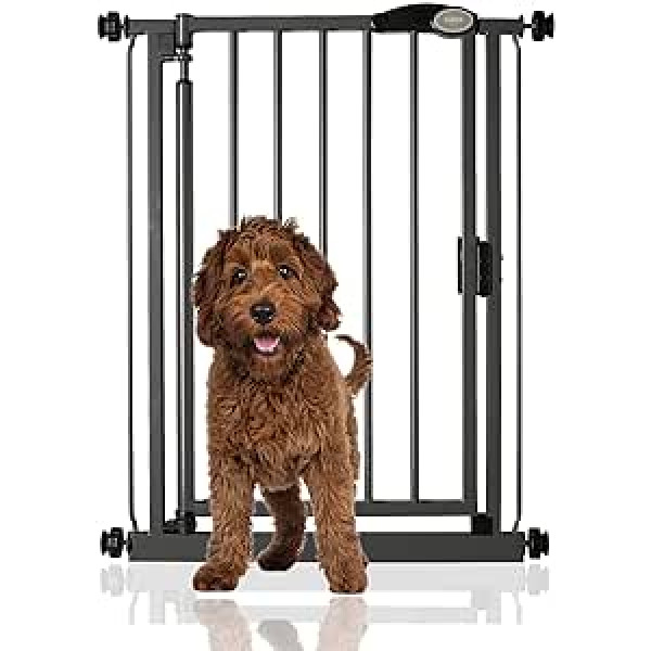 Bettacare Auto Close Pet Gate, 68,5–75 cm, pelēks, šaurs, šaurs spiediena stiprinājuma kāpņu vārti suņiem un kucēniem, drošības vārti šaurām durvīm, gaiteņiem un telpām