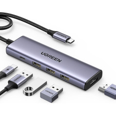 5in1 daudzfunkcionāls HUB adapteris USB-C 3x USB-A HDMI 4K PD 100W pelēks