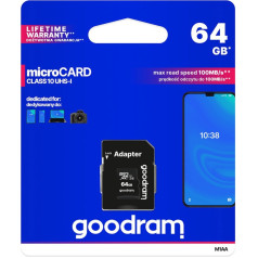 Goodram Mikrokartes atmiņas karte 64GB micro SD XC UHS-I klase 10 + SD adapteris