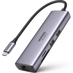 Многофункциональный концентратор USB-C 7 в 1 — 2x USB HDMI 4K Устройство чтения карт SD и TF USB-C RJ45 1 Гбит/с, серый