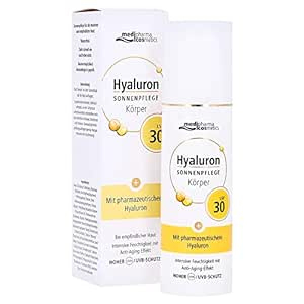 Medipharma Cosmetics Hialurona sauļošanās ķermeņa krēms SPF 30 ar farmaceitiskā kvalitātē un hialuronu + pretnovecošanās efekts, aizsargā, mitrina, nostiprina un nostiprina ādu. medipharma kosmētika