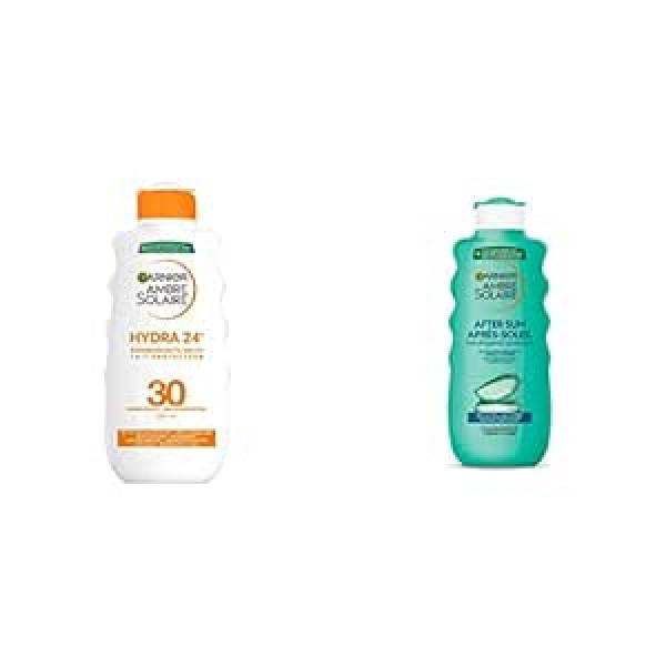 Garnier Ambre Solair saules aizsardzības piena komplekts ar SPF 30, mitrinošs sauļošanās krēms ar šī sviestu + losjons pēc sauļošanās, atvēsinošs un nomierinošs ķermeņa losjons ar alveju, nomierinošs losjons