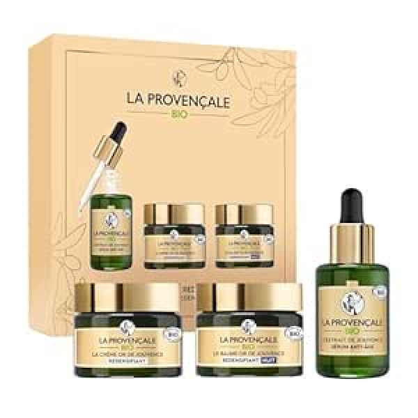 La Provençale Bio La Provençale dāvanu komplekts sievietēm Ziemassvētku zelts jaunības nobriedušai ādai 3 produkti – serums pret novecošanos, atjaunojošs krēms, nakts balzams — ierobežots izdevums