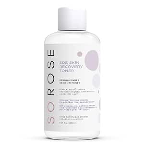 Sorose SOS Skin Recovery Toner I Nomierinošs sejas toniks bez mākslīgām piedevām, parabēniem un alkohola, ar minerālvielām, antioksidantiem un rozā damascena eļļu, 100% dabīgs un pH neitrāls.