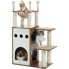 PAWZ Road Modern Cat Tree, деревянное кошачье дерево высотой 108 см с двухуровневым кондоминиумом, кошачья мебель с когтеточками, капсульным гнездом и 