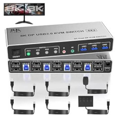 8K@60Hz Displayport USB 3.0 KVM Switch 2 Monitors for 4 Computers 8K @ 60Hz 4K @ 144Hz, DP1.4 Dual Monitor Displayport KVM Switch 4 Ports with Audio Output and 3 USB 3.0, 8K DP Monitor Switch for 4