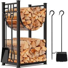 Amagabeli Firewood Rack with 4 Fireplace Tools 80 cm x 40 cm x 30 cm for Indoor Outdoor Log Holder with High Log Rack Fireplace Wood Storage Stacking with Wrought Iron Tools Black
