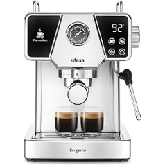 Ufesa Bergamo espresso automāts un kapučīno, skārienekrāns, spiediens 20 bāri, 1350 W, termobloku sistēma, regulējams iztvaicētājs, malta kafija, tvertne 1,8 l, automātiska izslēgšanas tērauds