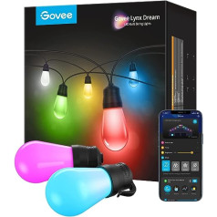 Govee Outdoor Fairy Lights, Smart LED Wifi RGBICW spuldzes, IP65 ūdensizturīgs, darbojas ar Alexa un Google Assistant, lietotņu vadība, 47 ainas režīmi, 15 gaismas diodes 15 m