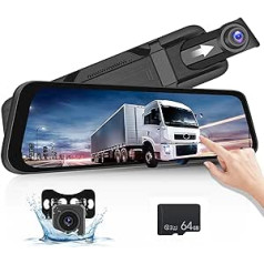 Hikity Mirror Dash Cam ar atpakaļskata kameru, 9,66 collu automašīnas kamera ar IPS skārienekrānu, Dual Dash Cam priekšējā aizmugurē ar 64G SD karti, cilpas ierakstīšana, G sensors, stāvvietas uzraudzība, 150° platleņķa nakts nakts