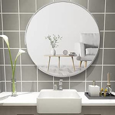 Warmiehomy Round Mirror 50 cm Silver Wall Mirror with Metal Frame and Screws Modern Bathroom Mirror for Hanging Bathroom Hallway Living Room Decoration