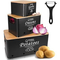 POWZOO kartupeļu uzglabāšanas kaste, komplekts pa 4, virtuves glabātuve kartupeļiem, sīpoliem un ķiplokiem, ar 360° ventilācijas sistēmu, ilgāk saglabā dārzeņus svaigus — ideāls veids (melns komplekts)