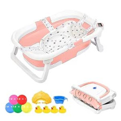 HyAdierTech Foldable Baby Bath with Real-time Temperature Measurement, Portable Non-Slip Bathtub for Newborns Toddlers Babies with Safety Bath Seat Drain Plug, Portable and Comfortable (Pink)