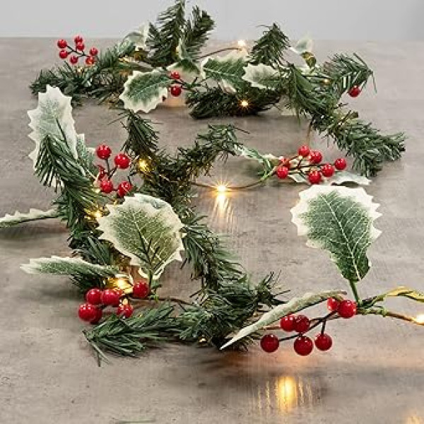 GloBrite Berry & Leaf Christmas Garland with 20 LED Lights | 6.5ft Battery Operated Pre-Lit Garland | Garland with Lights Christmas Table Centrepiece | Stair Garland for