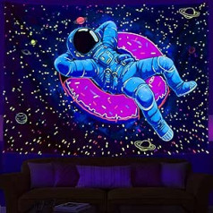 Simpkeely Astronaut gobelēns, melns, gaišs, UV reaģējošs, smieklīgs virtulis, estētisks sienas piekarināmais Cool Galaxy Space zvaigžņotās debess gobelēns guļamistabas viesistabai - 130x150 cm