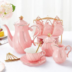 DUJUST 22 gabalu porcelāna tējas komplekts 6 personām, grezns britu stila tējas kafijas tases komplekts ar zelta apdari, skaists tējas komplekts sievietēm, tējas ballītes komplekts, dāvanu komplekts (ar statīvu)