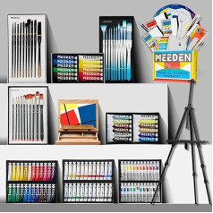 MEEDEN Deluxe Painting Kit, [2022 Release] Wooden Table Top Aluminium Easel, 96 Colour Acrylic Oil Watercolour Gouache Paint Set, 30 Pieces Paint Brushes, Canvas, Palette and More Art Accessories for Adults