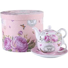 London Boutique Vintage Rose Lavander tējas kanna, krūze un apakštase komplekts vienai tasei porcelāna dāvanu kastītē 15 x 15 cm, putnu rozes tauriņš, 15 x 15 cm