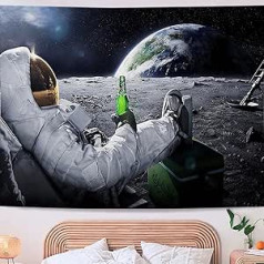 Fullfun Psychedelic Astronaut Tapestry, Trippy Space Wall Hanging, Spaceman with Beer Sitting on Moon, Tapestry for Bedroom, Living Room, Cool Room Decoration, 60 x 80 Inch