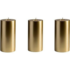 Memoward Pillar Candles Gold Metallic, Large Set of 3, Long Burning Time Approx. 75+ Hours, Clean Burning, Unscented, for Household, Celebrations and Catering Decoration, (7.5 x 15 cm, 3, Gold