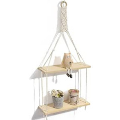 Afuly Wall Shelf with Rope Macrame Oak and White Floating Wooden Shelves for Living Room Bedroom Boho Decoration Plant Display 2 Tier