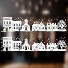2 lielas Ziemassvētku logu uzlīmes — Ziemassvētku ziemas ciema ielas ainavas loga apmale — sezonāls logu noformējums un dekorēšana