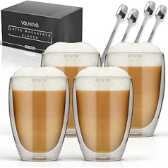 VALNOVA® Latte Macchiato glāzes [4 x 350 ml] - Divsienu kafijas glāzes ar 4 x karotēm - Kapučīno glāzes izgatavotas no borsilikāta stikla ar termisku efektu karstiem un aukstiem dzērieniem