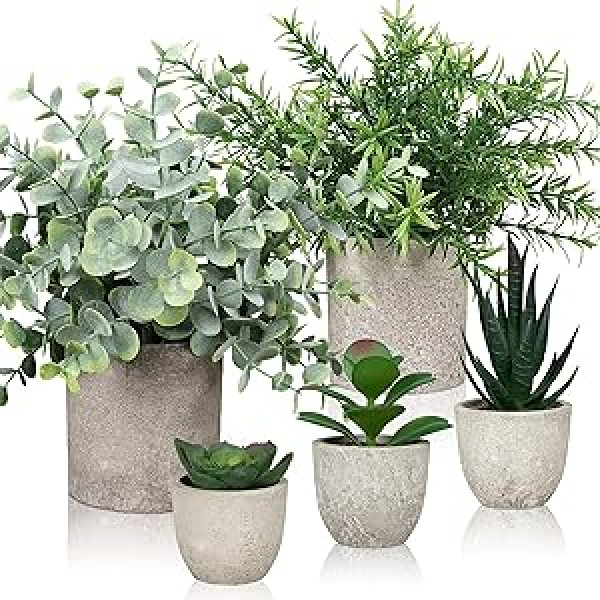 Lighterday Set of 5 Artificial Plants, Artificial Plants in Pot, Artificial Plants Like Real for Indoor, Fake Plant Succulent Pot, Plastic Plant for Living Room, Bathroom, Desk, Windowsill Decoration