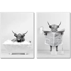 Punvot Funny Highland Cow Painting in the Bathroom, Bathtub, Rustic Style Wall Pictures for Living Room, Without Frame, Modern Living Room Decor for Bedroom/Bathroom/Children's Bathroom (30 x 40 cm)