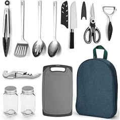 Evanda Camping Cooking Equipment Set 10 Pieces, Stainless Steel Outdoor Cooking and BBQ Utensil Organiser Travel Set Perfect for Travel, Camping, Motorhomes, BBQ, Picnics, Parties and More