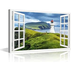 TISHIRON 3D Window View Faroe Islands Wall Art for Living Room Canvas Art Wall Decor Mikinski Lighthouse Pictures Natural Landscape Painting Stretched Ready to Hang 36 x 24 Inch