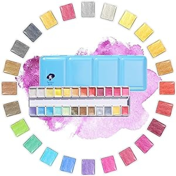 Paul Rubens Professional Metallic Watercolor Paint Set, Mother of Pearl Paint, Portable Metal Case with Palette, Set of 24 Half Pans Art Supplies for Artists, Beginners, Hobbyists, Students