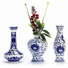Classic Blue and White Porcelain Vases Set, Art Fambe Glaze Porcelain Vases Set, Set of 3 Small Ceramic Flower Vases for Home Decoration, Chinese Vases (Blue and White Porcelain)