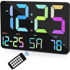 11.5 Inch LED Digital Wall Clock, Large Display with Remote Control, Digital Wall Clock with Date, Day of the Week, Temperature, Colour Numbers, 12/24H, Wall Clock Without Ticking Noises for Living