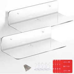 Acrylic Floating Shelves Versatile Self Adhesive Small Shelf that Utilizes Wall Space for Book Pictures, Plants, Security Cameras, Speakers, No Drilling, with Cable Clips (Clear)