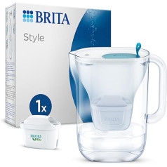 BRITA stila ūdens filtra krūze gaiši zilā krāsā (2,4 l) ar 1 x Maxtra Pro universālo kasetni — moderna dizaina filtrs ledusskapim, lai samazinātu kaļķakmens, hlora, metālu, piemēram, svina un vara, daudzumu.