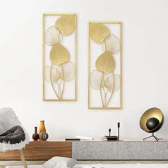 AOTISBAO Metal Wall Decorations, Pack of 2, Golden Metal Art, Wall Sculptures, Ruffled, Fans, Palm Leaf, Wall Hanging, Decorations with Frame for Living Room, Office (81.3 x 30.5 cm)