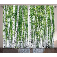 ABAKUHAUS Birch Rustic Curtain, Fresh Summer Leaves, Bedroom Ruffle Tape Curtain with Tabs and Hooks, 280 x 225 cm, Green, White, Black