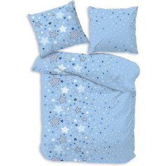 MTOnlinehandel Flannelette gultas veļa 135 x 200 cm Stars Motif Blue Mīksta un mīksta bērnu gultasveļa meitenēm un zēniem Spilvendrāna 80 x 80 cm + Segas pārvalks 135 x 200 cm - 100% kokvilna