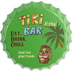 Metall Bar Signs for Home Bar Accessories - Large Round Bottle Top Cap Tin Plaque Wall Art Sign - Beer Gift Ideas for Pub Man Cave Garden Bars - BC-Tiki - Green - Diameter 35.5 cm