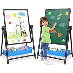 Arkyomi Children's Blackboard Easel Metal Children's Board Double-Sided Whiteboard and Chalkboard Height Adjustable Standing Board with Accessories (Black 2)