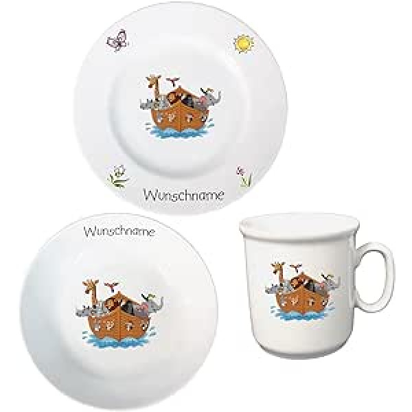 Breakfast Service 3-Piece Children's Crockery Porcelain Noah's Ark Plate Cup Cereal Bowl Personalised with Name of Choice Children's Tableware with Name Personalised