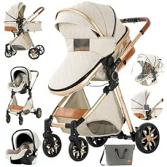 3-in-1 Combination Pram, 3-in-1 Infant Travel Systems, High Landscape Pushchair, Reclining Buggy, Newborn Pram, Foldable Standard Pram (225 Creamy White-1)