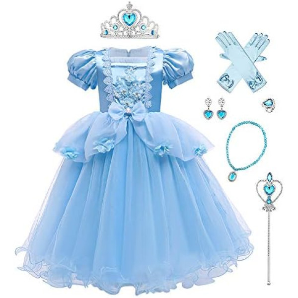 IMEKIS Kid Girls Pelnrušķīte Sofija kostīms Princeses dzimšanas dienas grezna kleita ar puķu volāniem Till Tutu kleita ar pasaku aksesuāriem Cosplay ballītes tērps Helovīna Ziemassvētku karnevālam 3-12 gadi